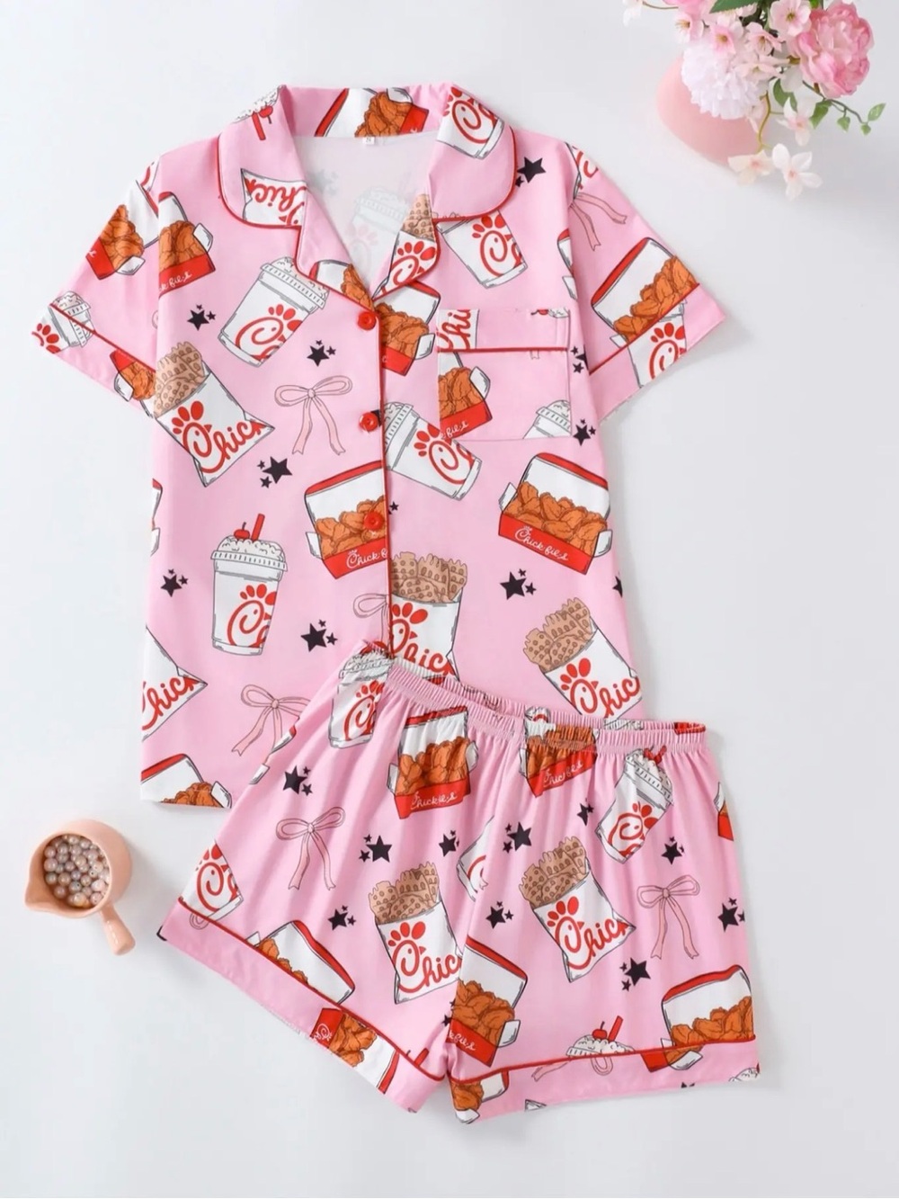 Chick-fil-a All Over Print Pajamas Sz S Girly Trendy Sleepover Pink Bow